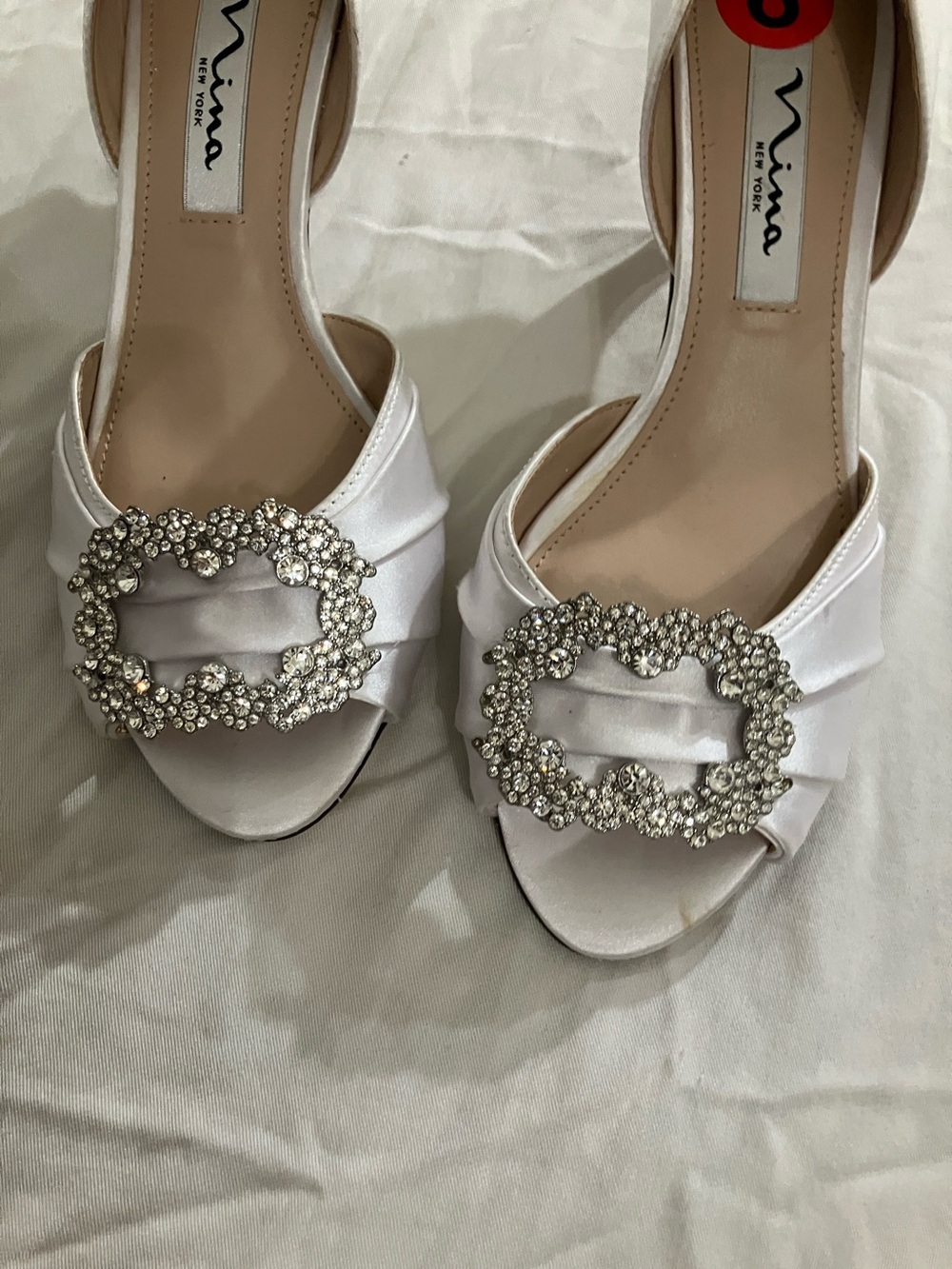 Nina White Satin Crystal-Embellished Open Toe Heels